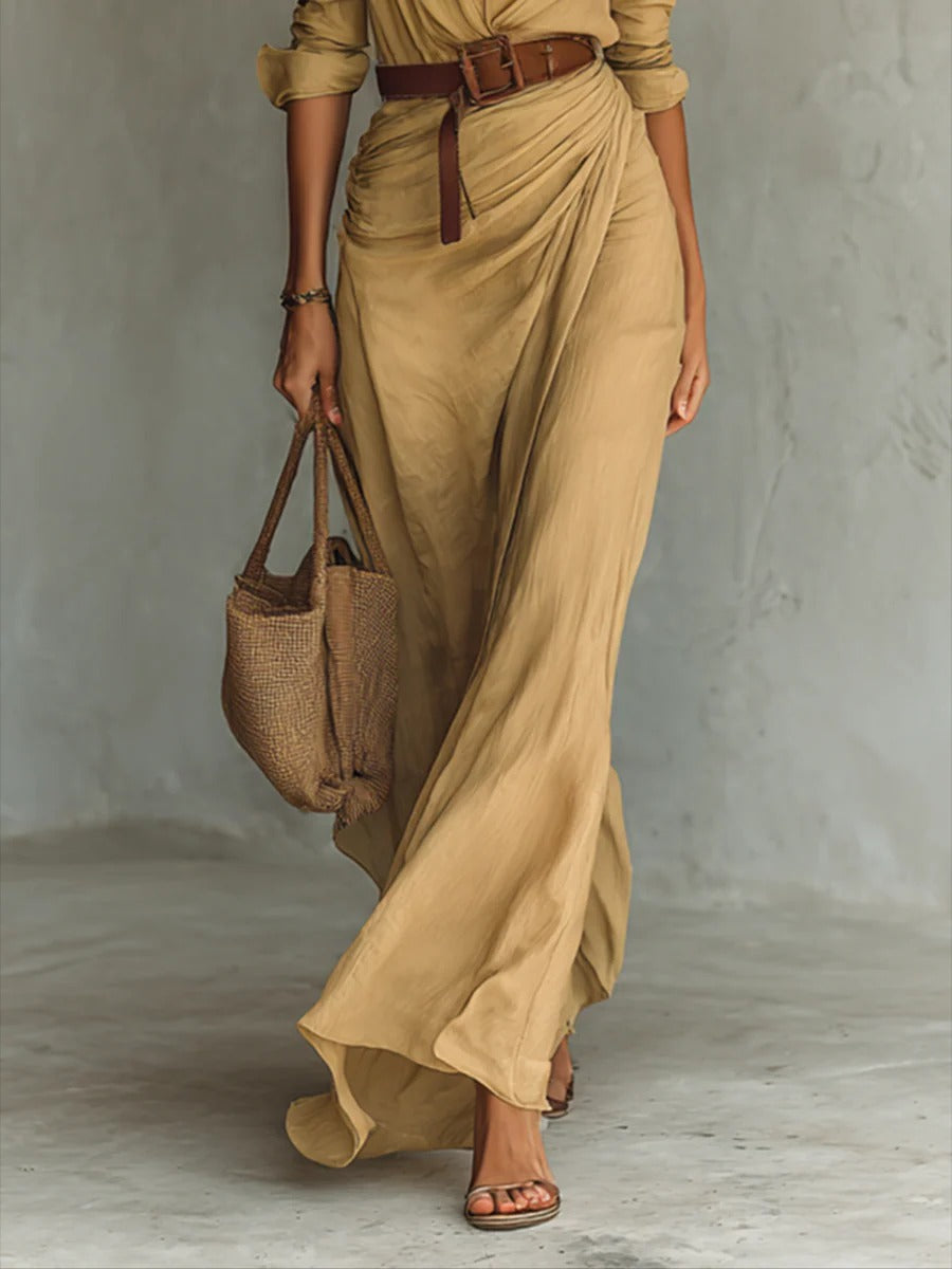 Selvianne™ | Long Belted Dress with Sleeves