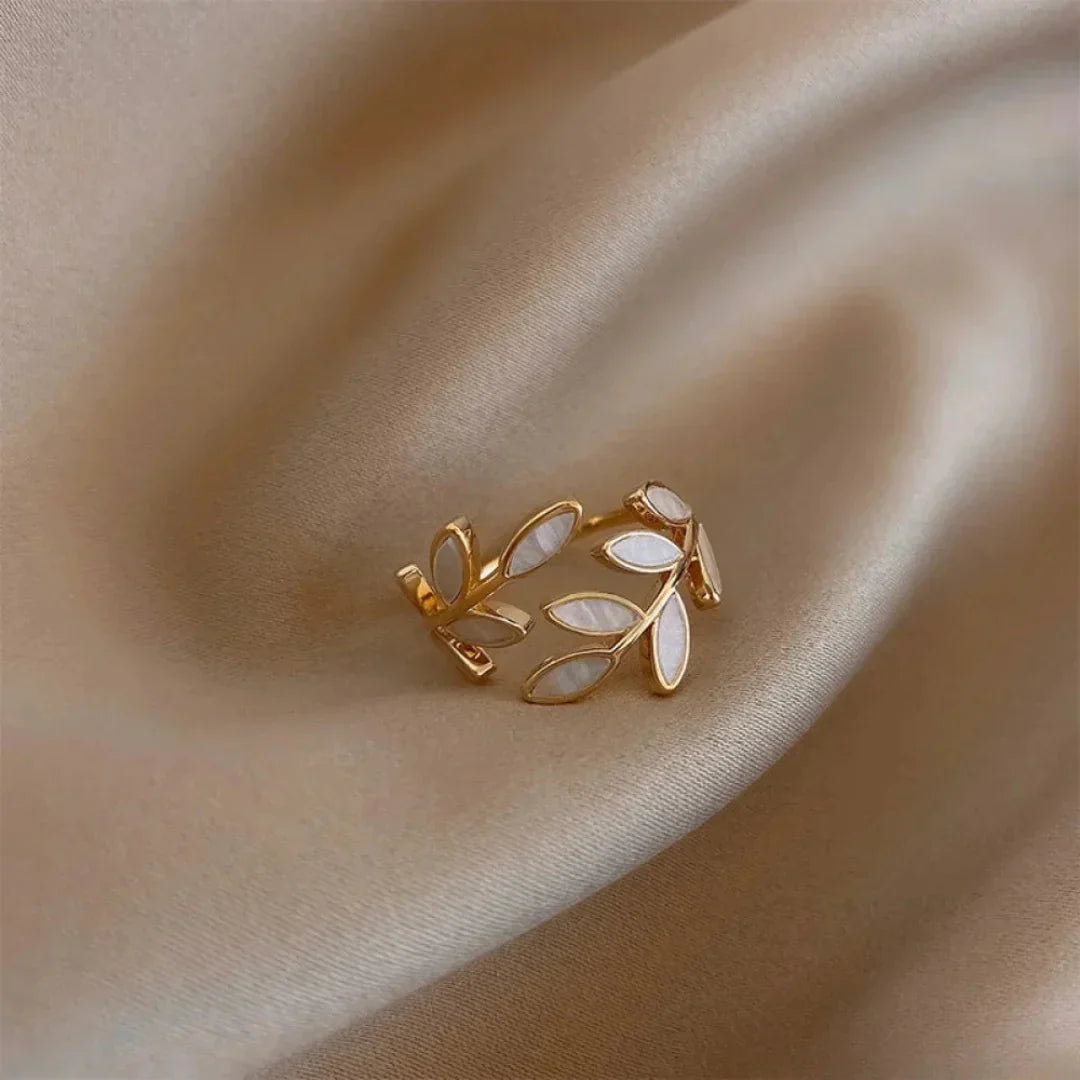 Adjustable Gold Ring with White Opal Leaf