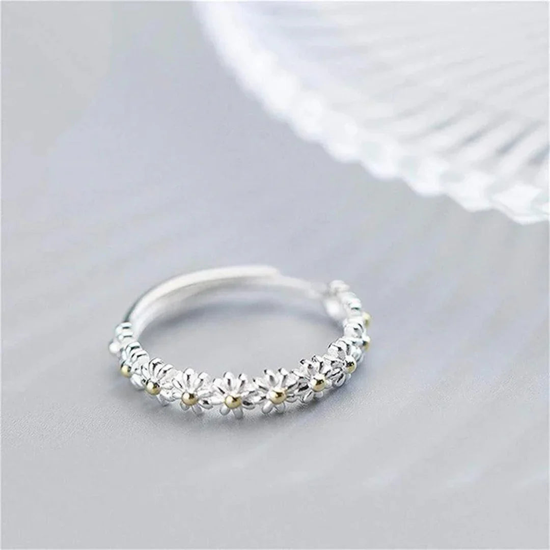 Adjustable Silver Ring with Hand Enameled Daisy