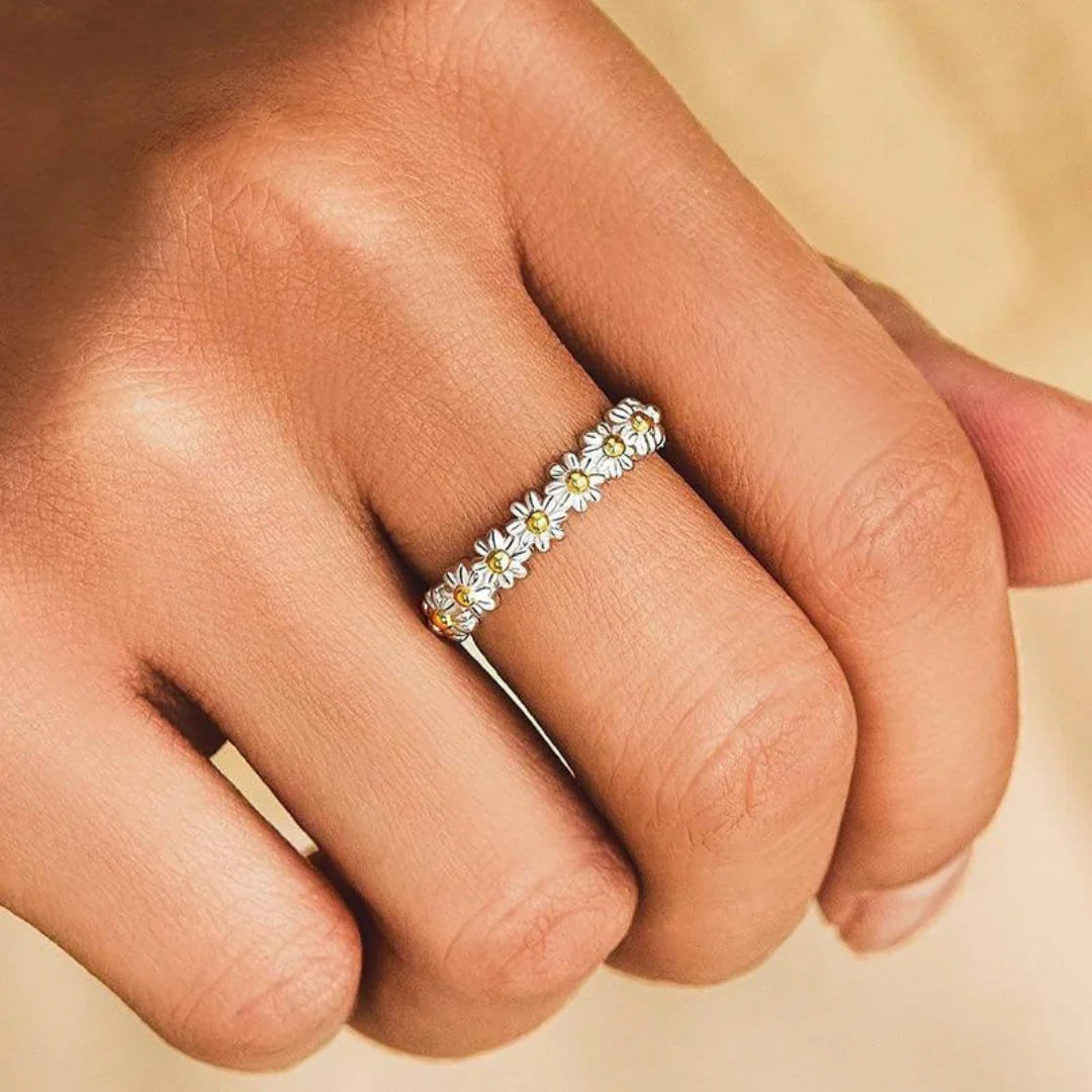 Adjustable Silver Ring with Hand Enameled Daisy