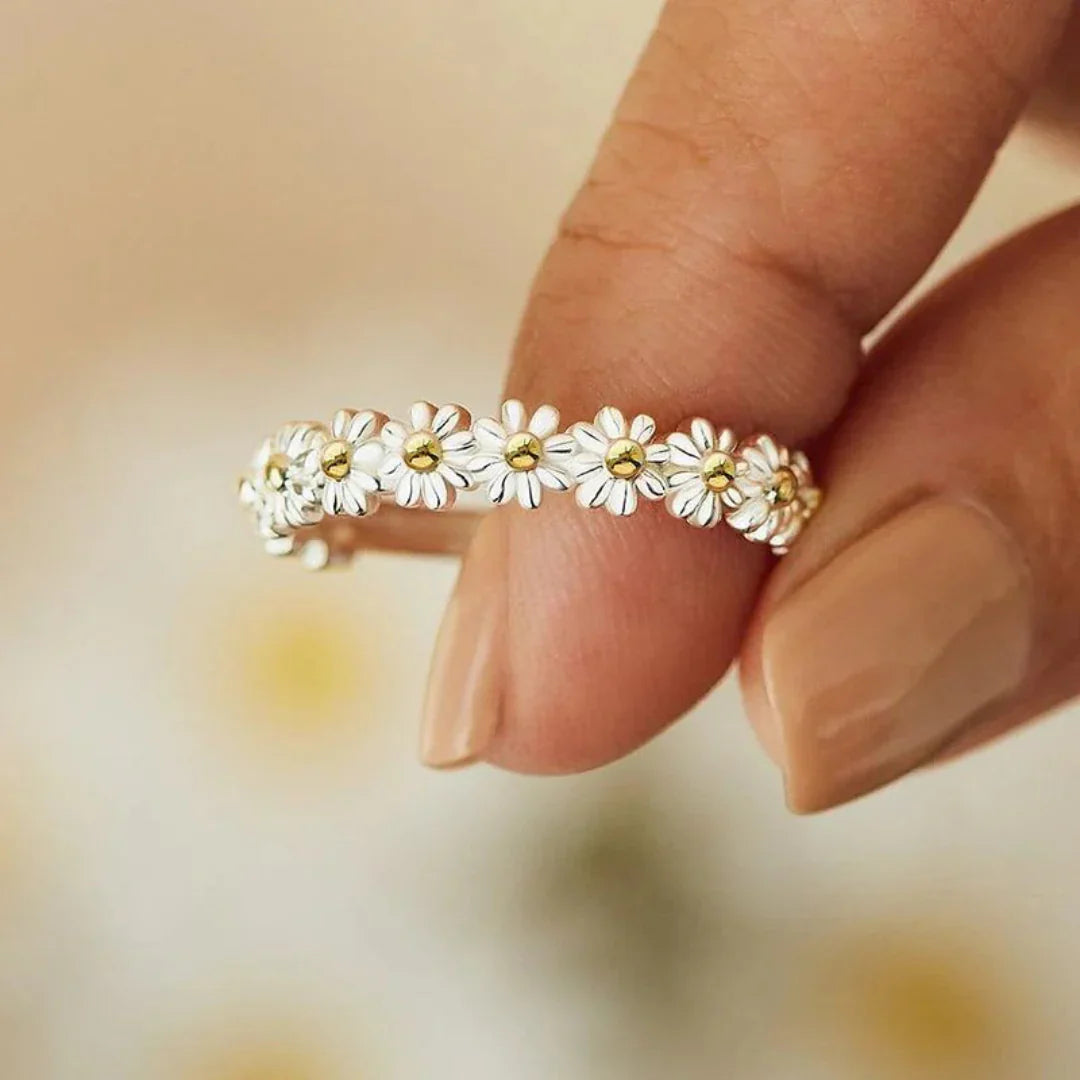 Adjustable Silver Ring with Hand Enameled Daisy