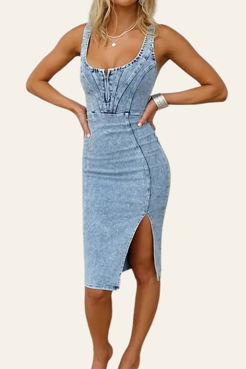 LUCY | DENIM CAMI DRESS WITH SLIT