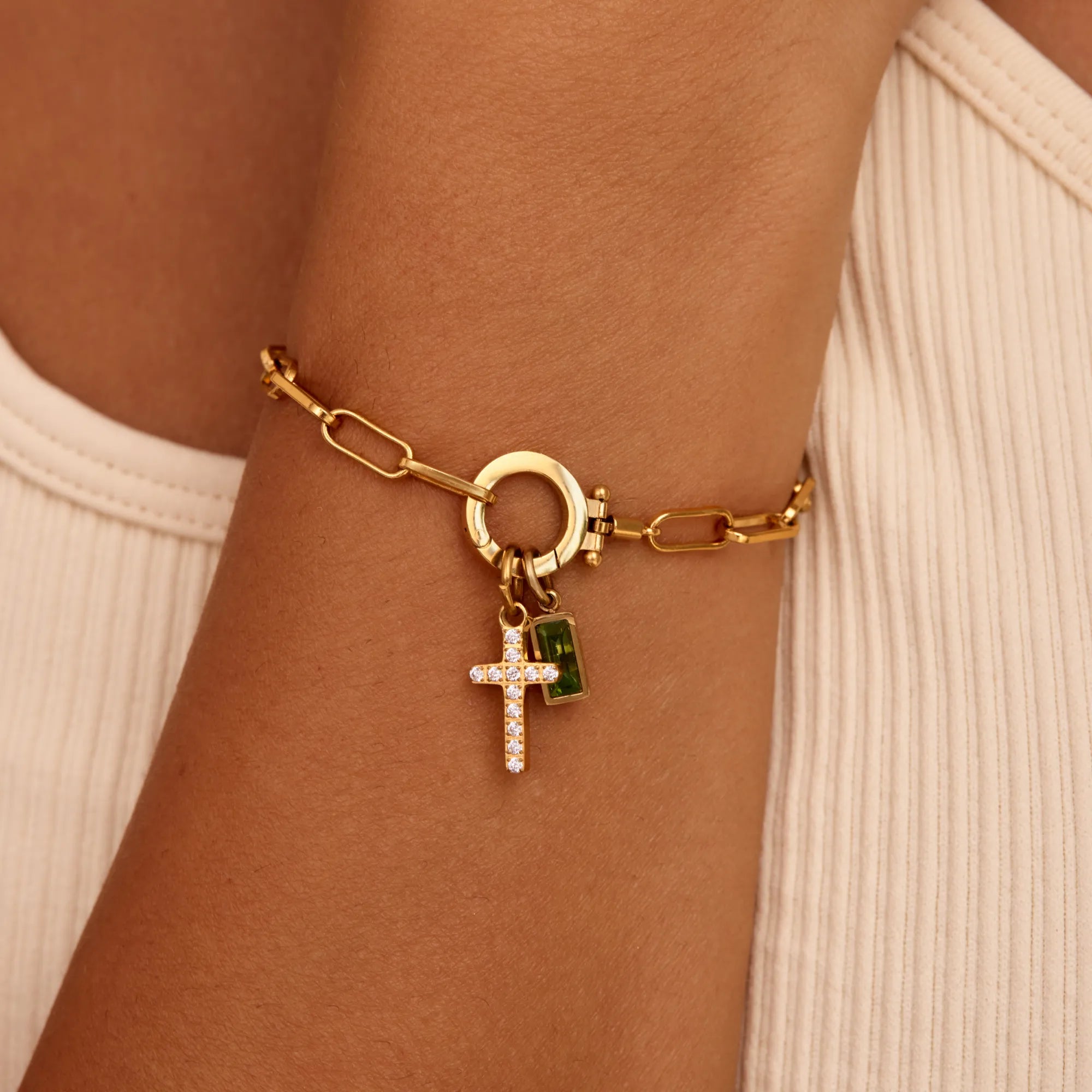 SERENYA™ | PAPERCLIP CHAIN BRACELET WITH BIRTHSTONE & CROSS CHARM