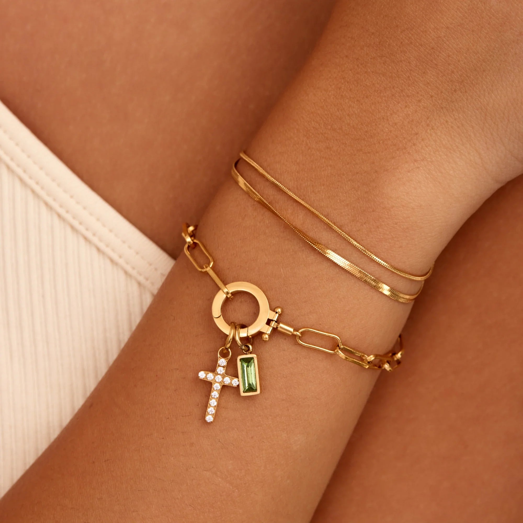 SERENYA™ | PAPERCLIP CHAIN BRACELET WITH BIRTHSTONE & CROSS CHARM