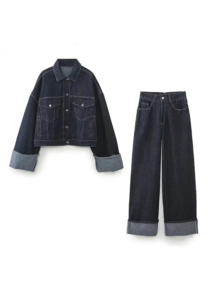 TALORA – COLLARED LONG SLEEVES DENIM TWO-PIECE SET