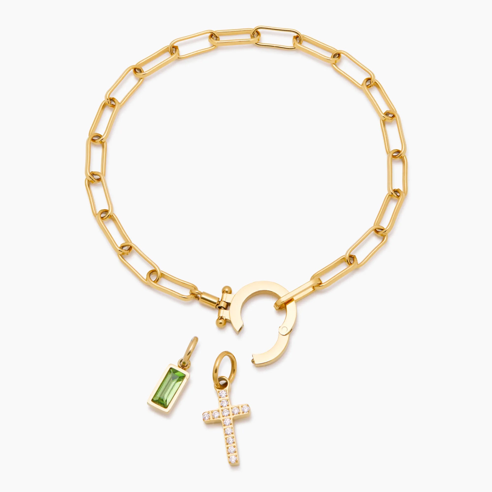 SERENYA™ | PAPERCLIP CHAIN BRACELET WITH BIRTHSTONE & CROSS CHARM