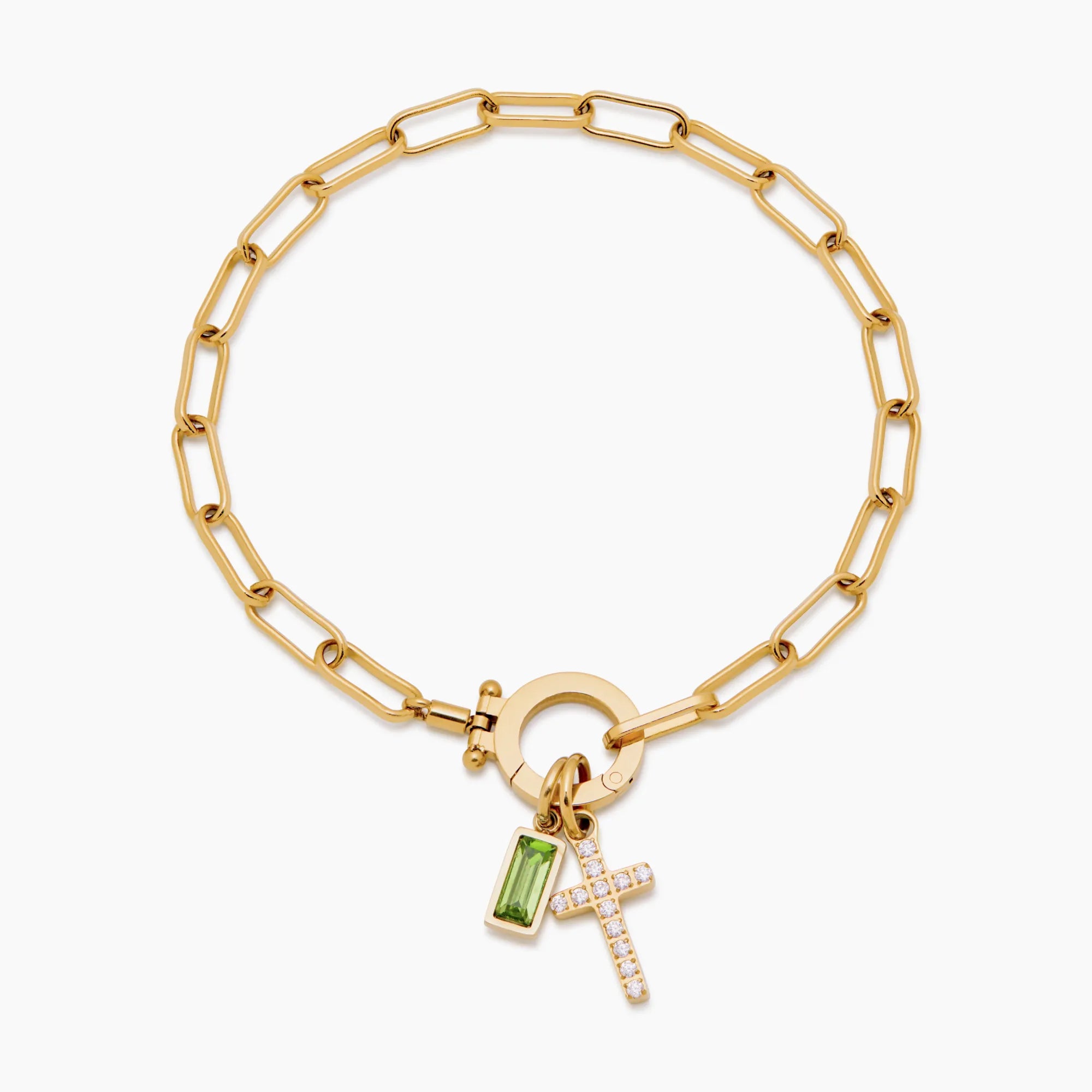 SERENYA™ | PAPERCLIP CHAIN BRACELET WITH BIRTHSTONE & CROSS CHARM