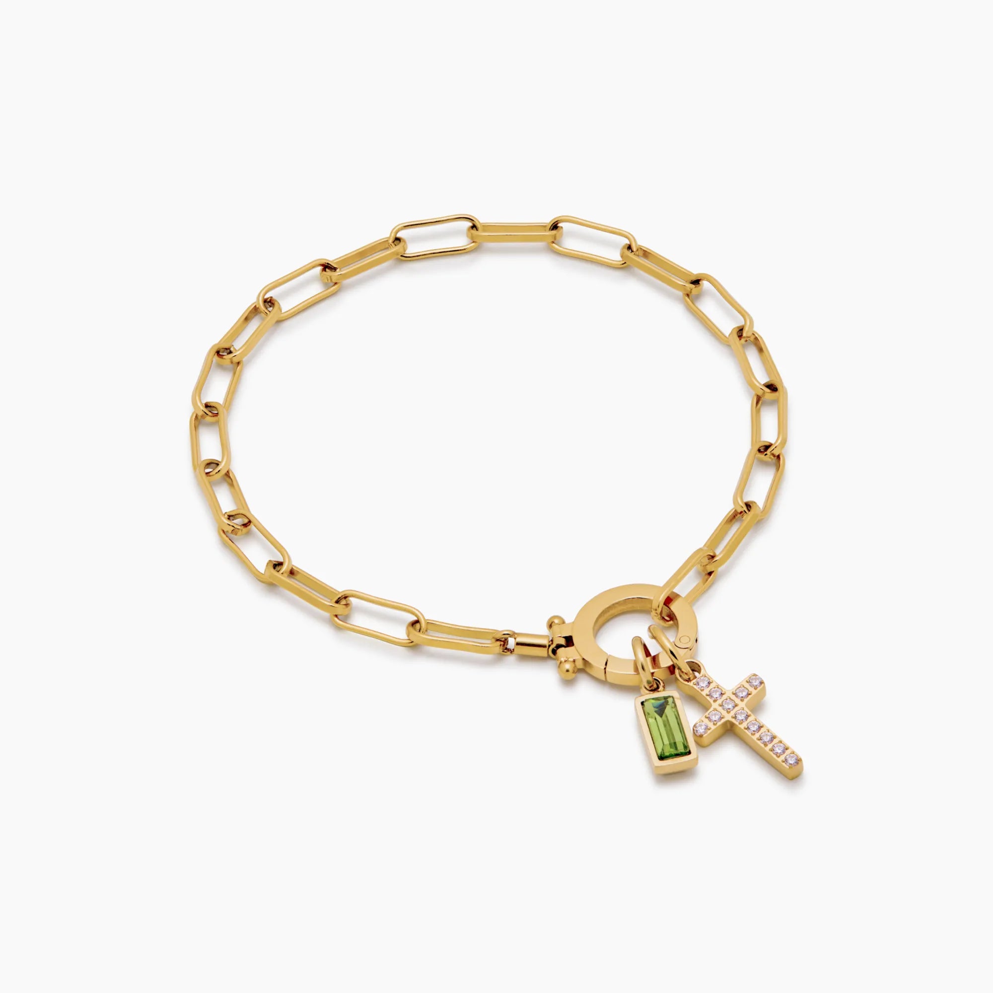 SERENYA™ | PAPERCLIP CHAIN BRACELET WITH BIRTHSTONE & CROSS CHARM