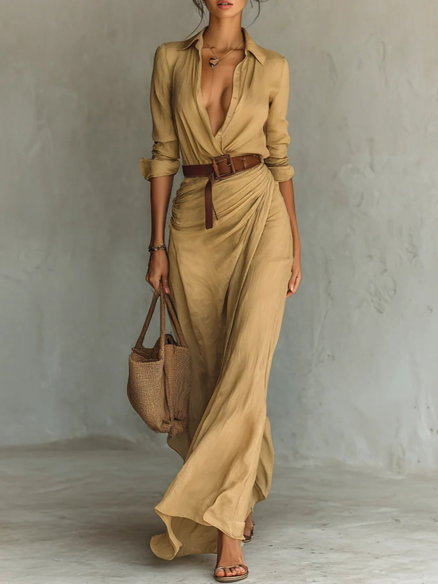 Selvianne™ | Long Belted Dress with Sleeves