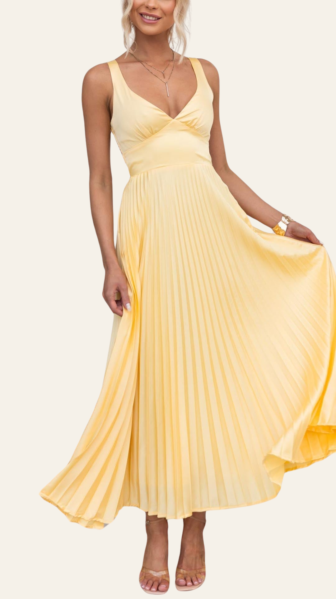 OLIVIA | YELLOW PLEATED V-NECK MAXI DRESS