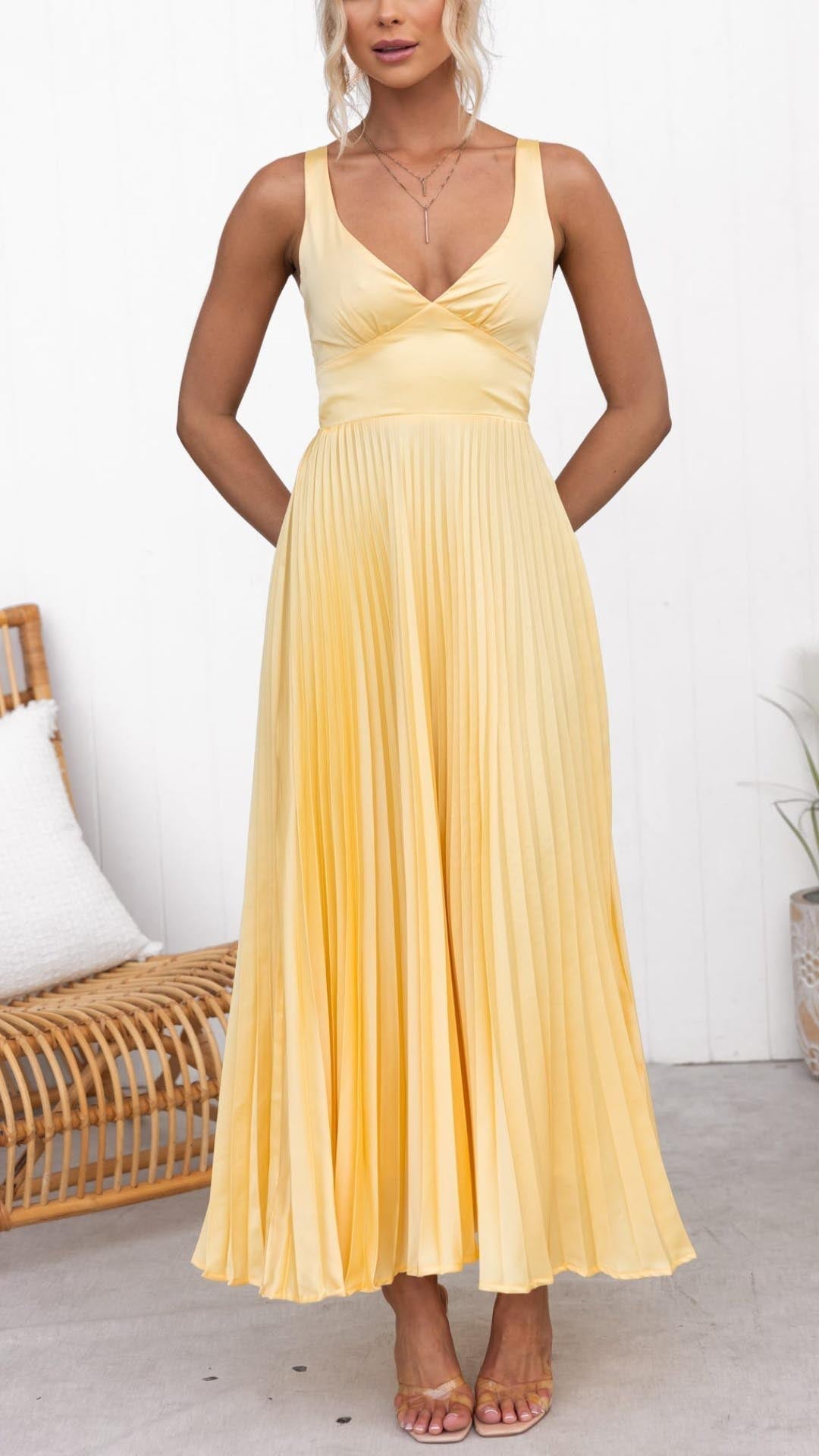 OLIVIA | YELLOW PLEATED V-NECK MAXI DRESS